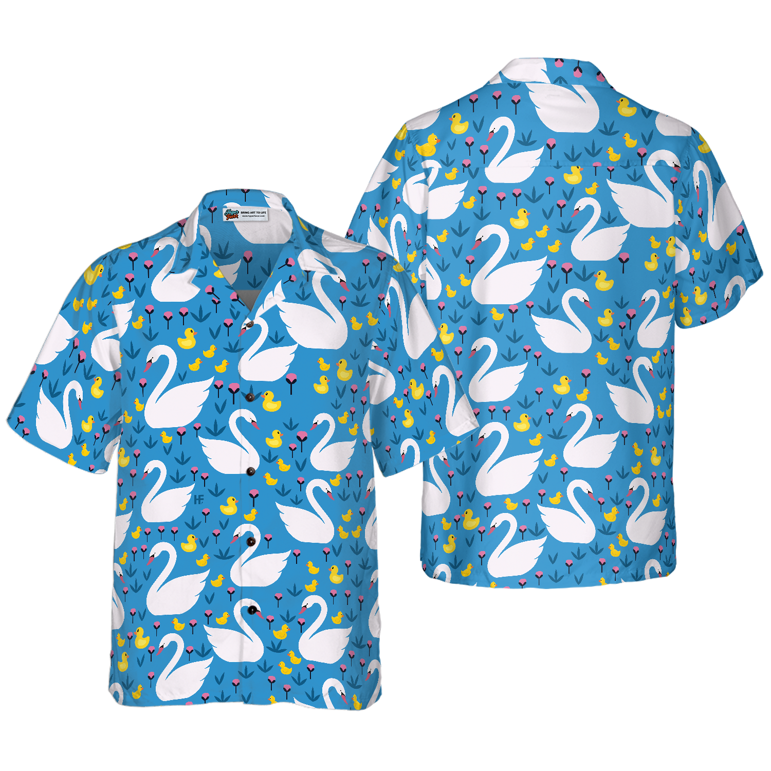 Swans And Ducks Swimming Hawaiian Shirt, Sky Blue Animals And Floral Hawaiian Shirt
