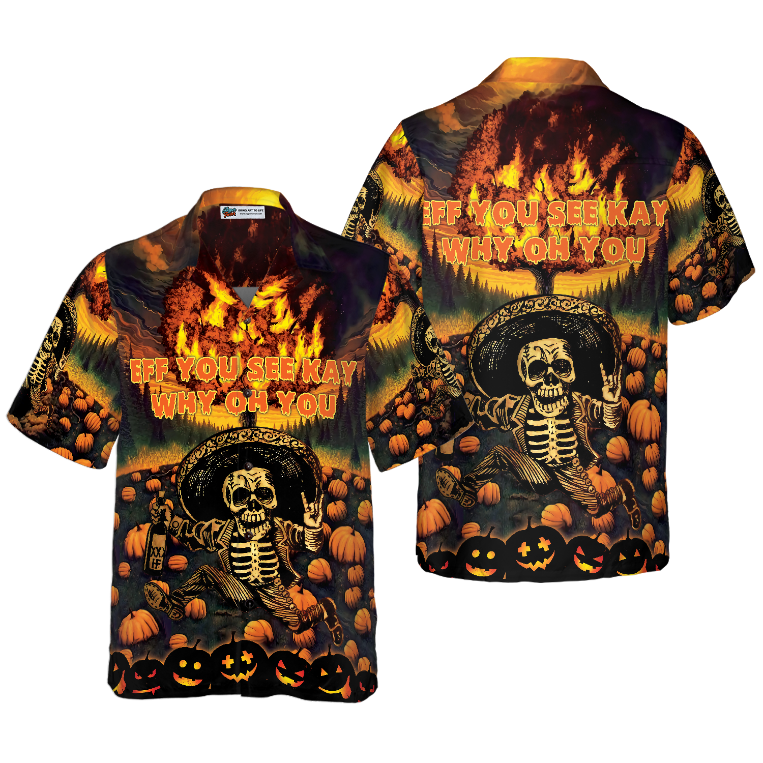 The Burning Pumpkin Sky & Skeleton Halloween Hawaiian Shirt, Halloween Shirt For Men And Women