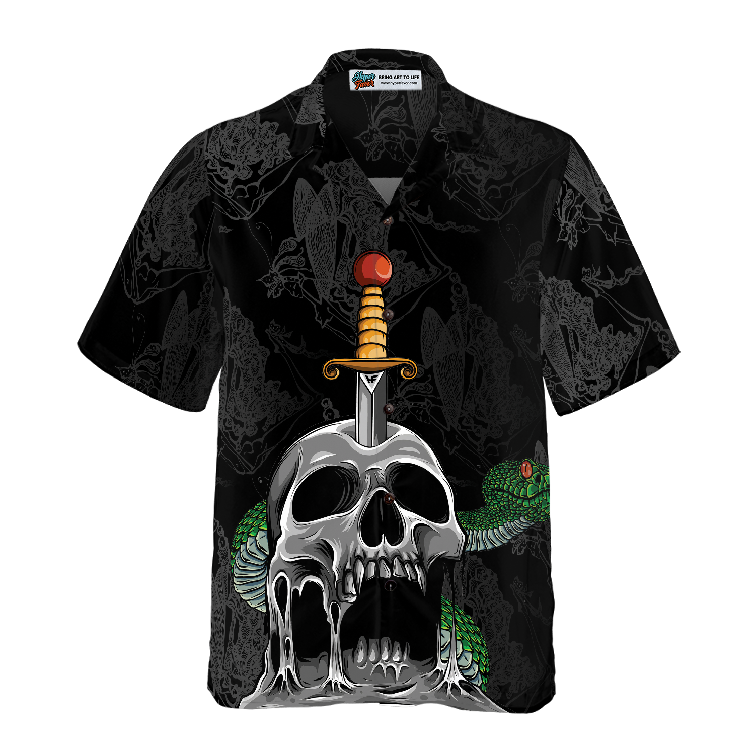 Skull & Snake Gothic Hawaiian Shirt, Dark Sword Melted Black Skull Hawaiian Shirt