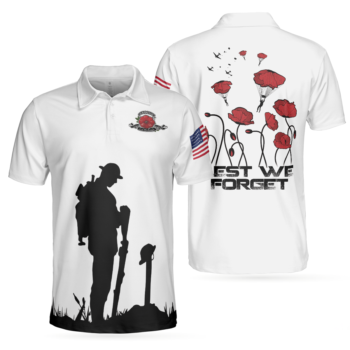 US Veteran Lest We Forget Polo Shirt, Military American Flag Golf Shirt For Men