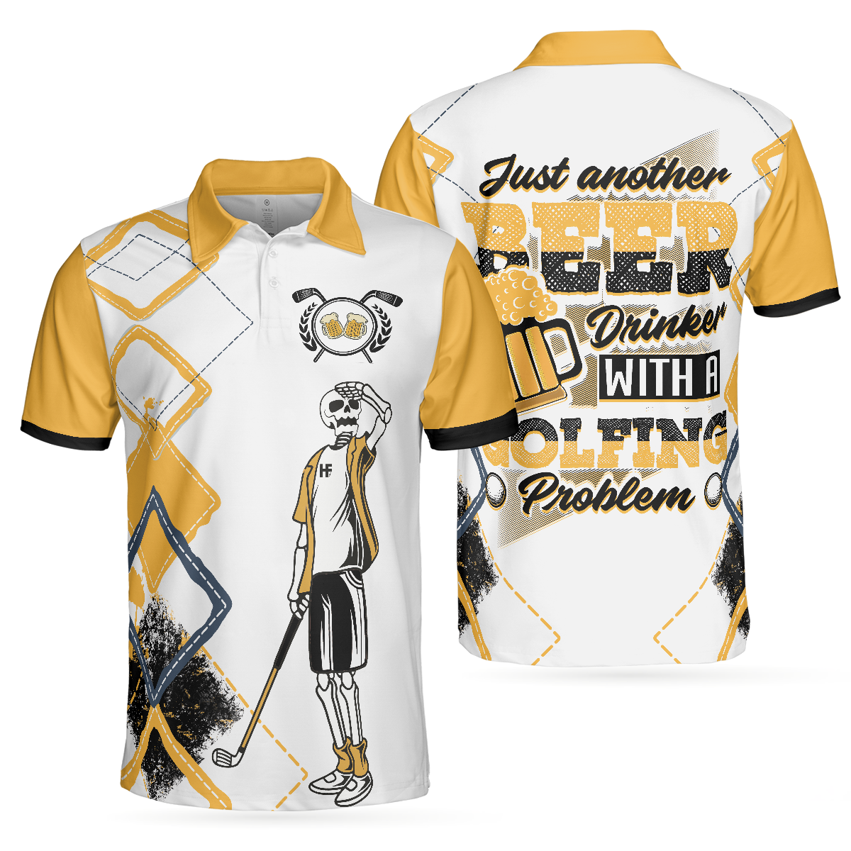 Just Another Beer Drinker With A Golfing Problem Polo Shirt, White And Yellow Argyle Pattern Golf Shirt