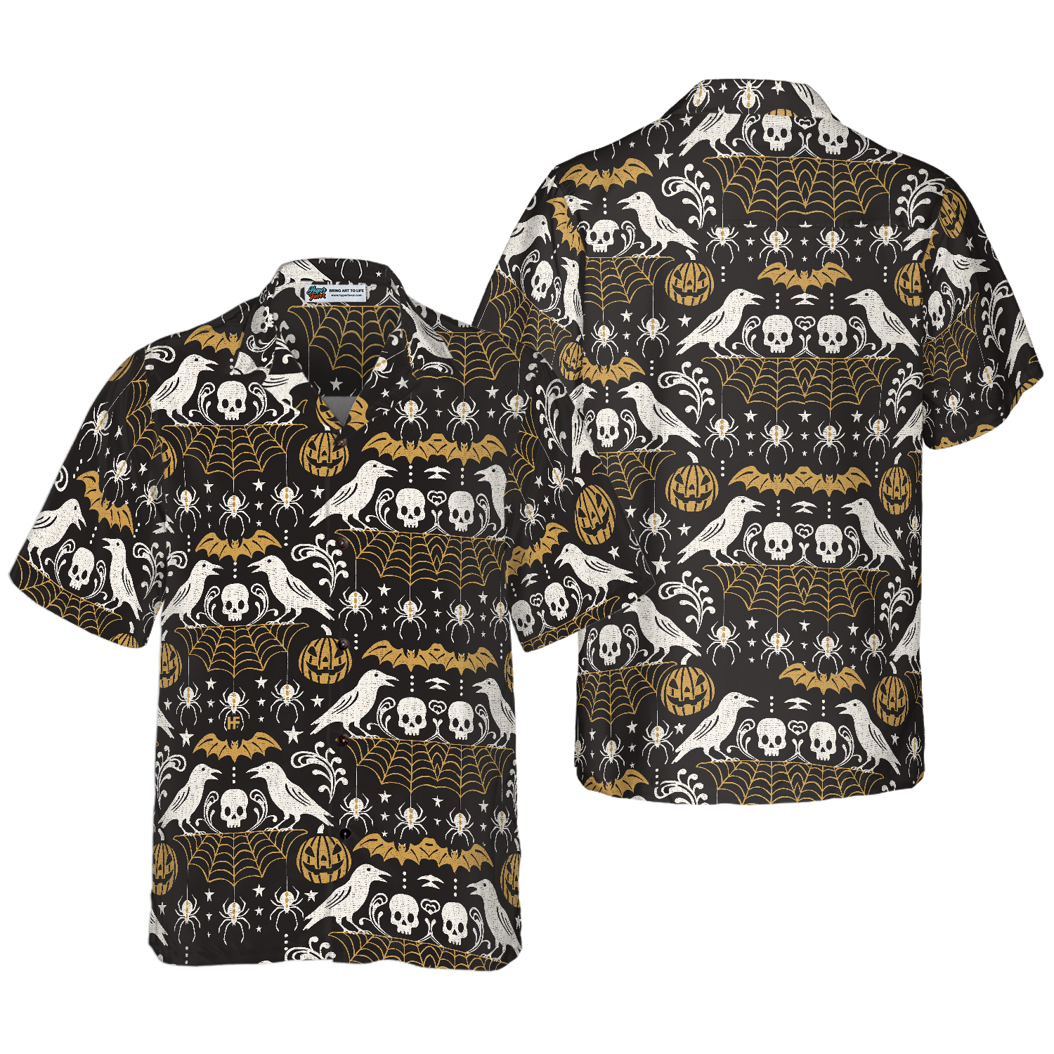 Halloween Eve Black Hawaiian Shirt For Men, Pumpkin Bat Crow Spider Web Skull Hawaiian Shirt