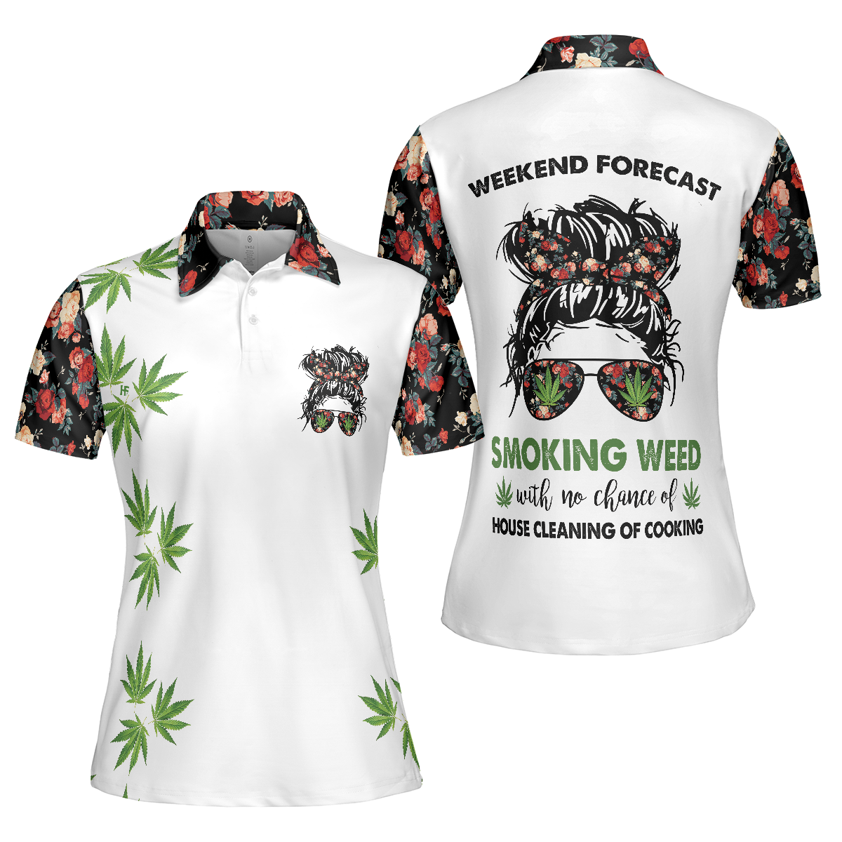 Weekend Forecast Smoking Weed Women Short Sleeve Polo Shirt, Floral And Weed Leaf Graphics Polo Shirt