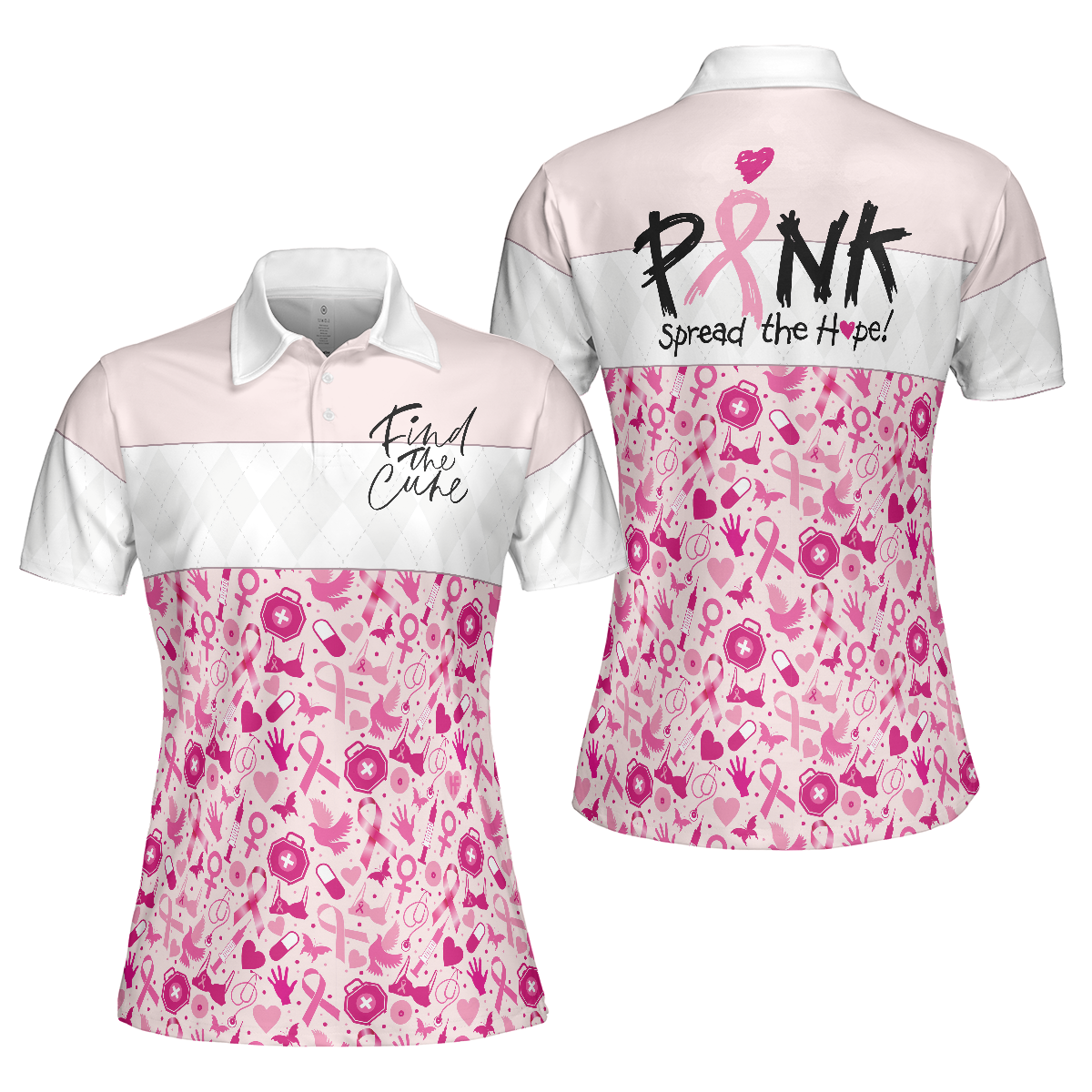 Pink Spread The Hope Find The Cure Breast Cancer Awareness Short Sleeve Women Polo Shirt, Pink Ribbon Shirt