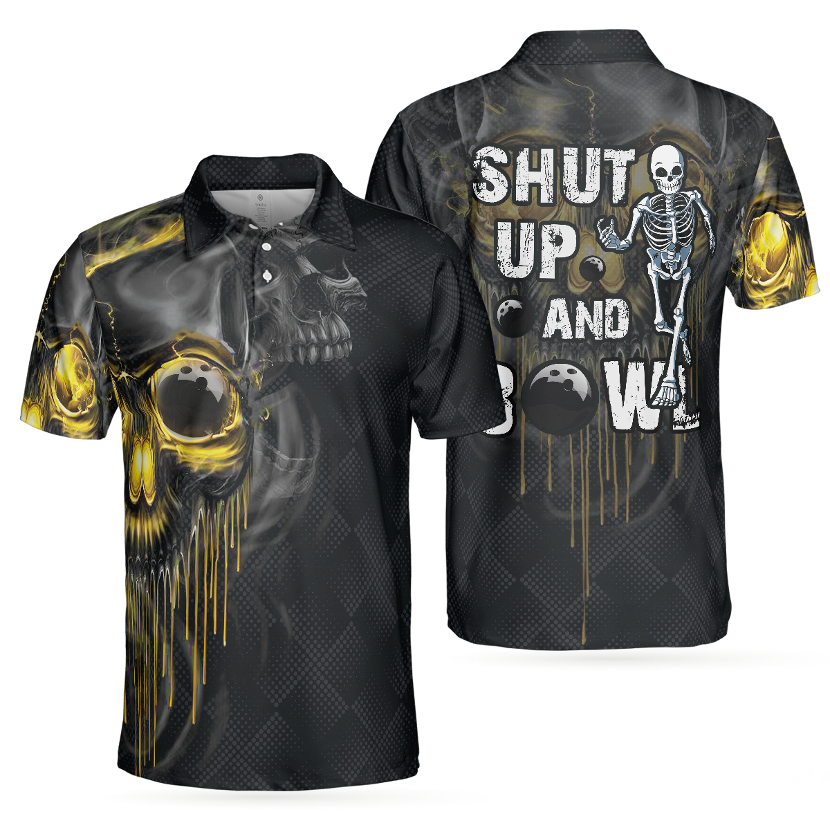 Bowling Shut Up Polo Shirt, Scary Halloween Gift Idea For Male Bowlers, Skull Bowling Polo Shirt