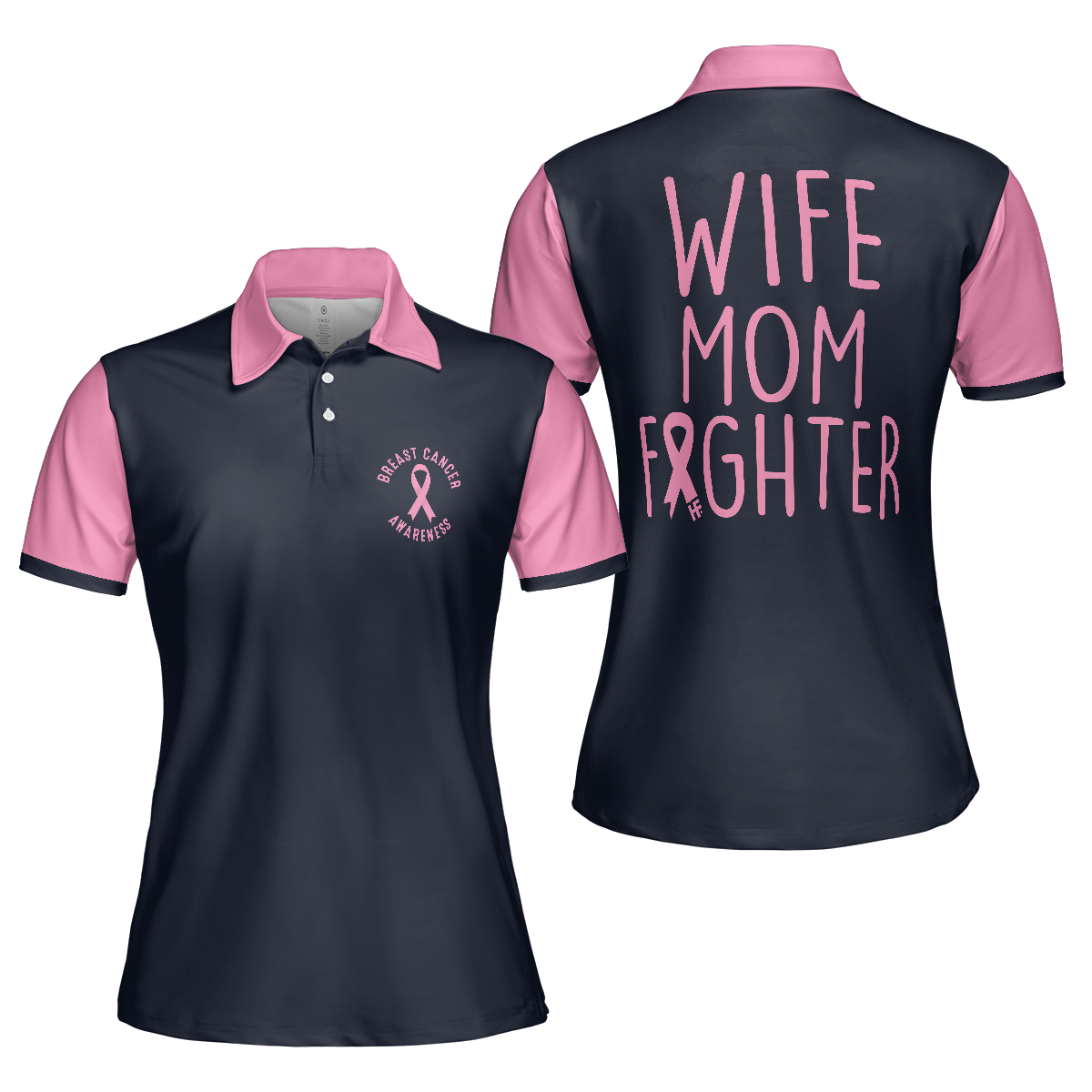 Wife Mom Fighter Short Sleeve Women Polo Shirt, Black And Pink Breast Cancer Ribbon Shirt For Mom