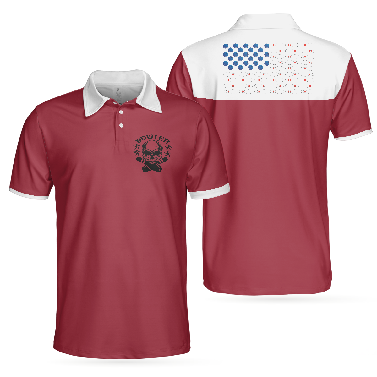 Bowling Skull Polo Shirt, American Flag Bowling Shirt For Men, Unique Bowling Apparel