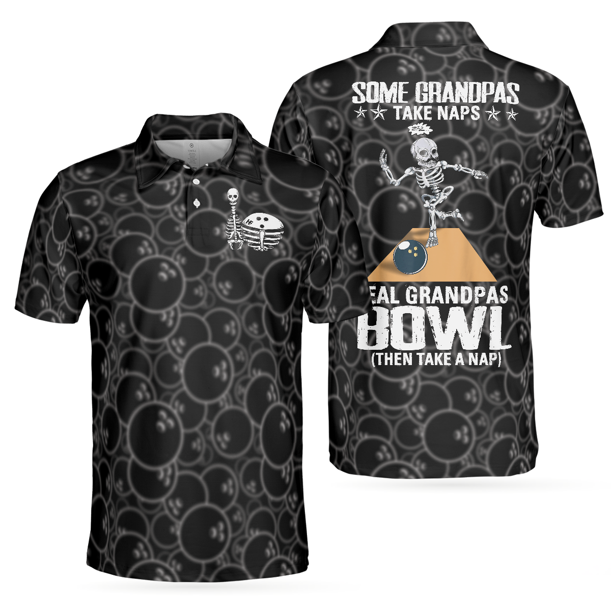 Real Grandpas Bowl Polo Shirt, Black Ball Pattern Bowling Polo Shirt, Funny Bowling Shirt With Sayings