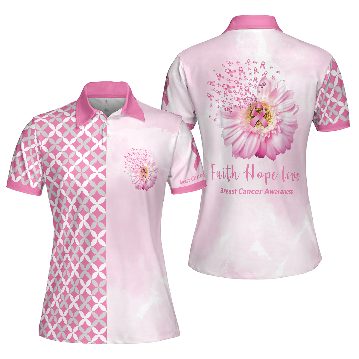 Faith Hope Love Breast Cancer Awareness Short Sleeve Women Polo Shirt, Pink Breast Cancer Awareness Shirt
