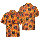First In Last Out Firefighter Hawaiian Shirt, Viking Style Flame Skull Shield Firefighter Shirt For Men