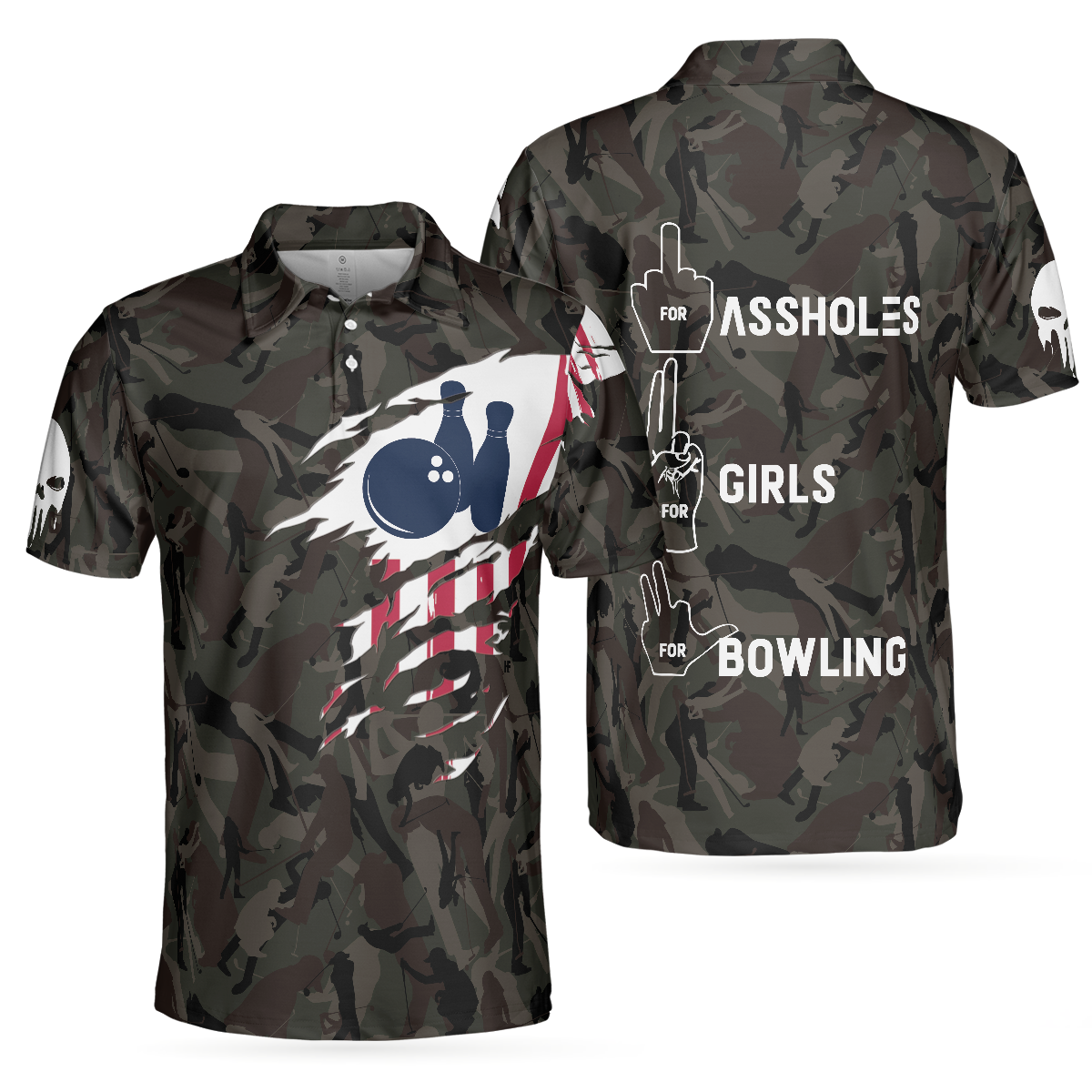 Hand Instruction American Flag Camouflage Bowling Polo Shirt, Camo Bowling Shirt For Men