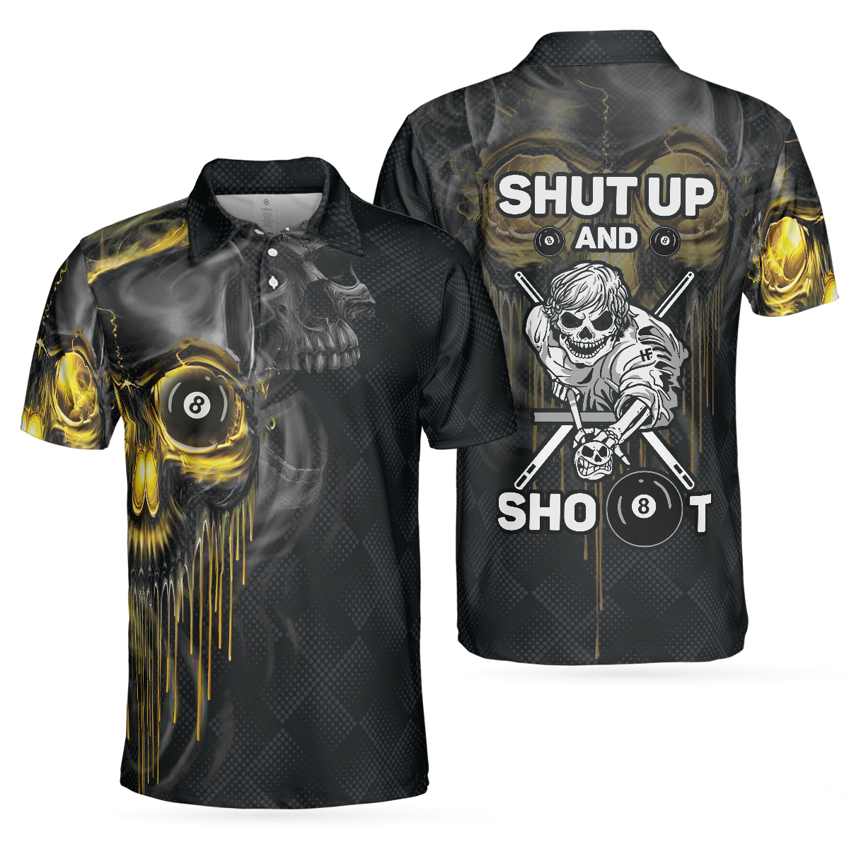 Skull Billiards Polo Shirt, Black Skull Billiards Shirt Design For Men, Scary Halloween Gift Idea