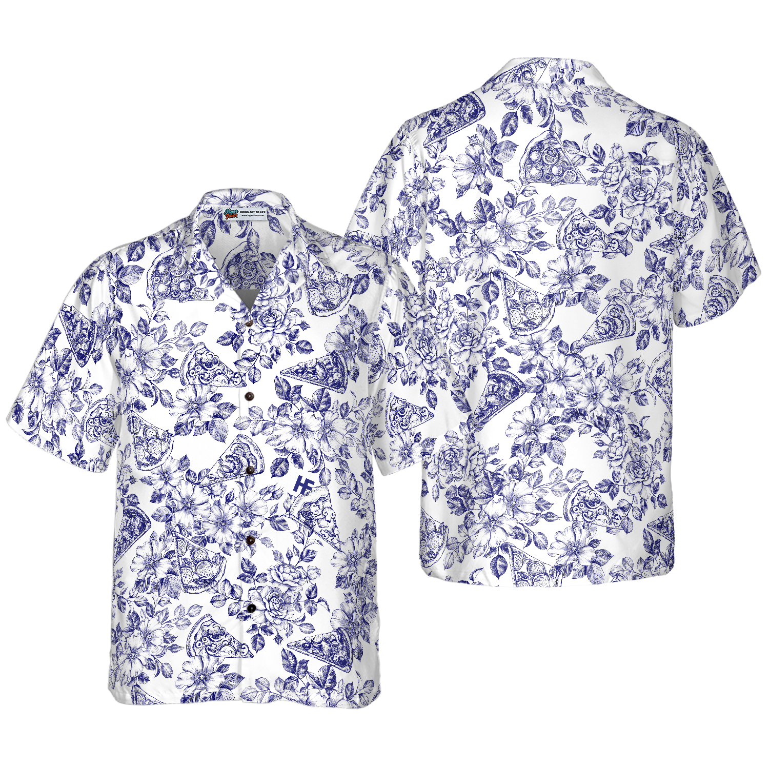 Blue Floral Pizza Pattern Shirt Hawaiian Shirt