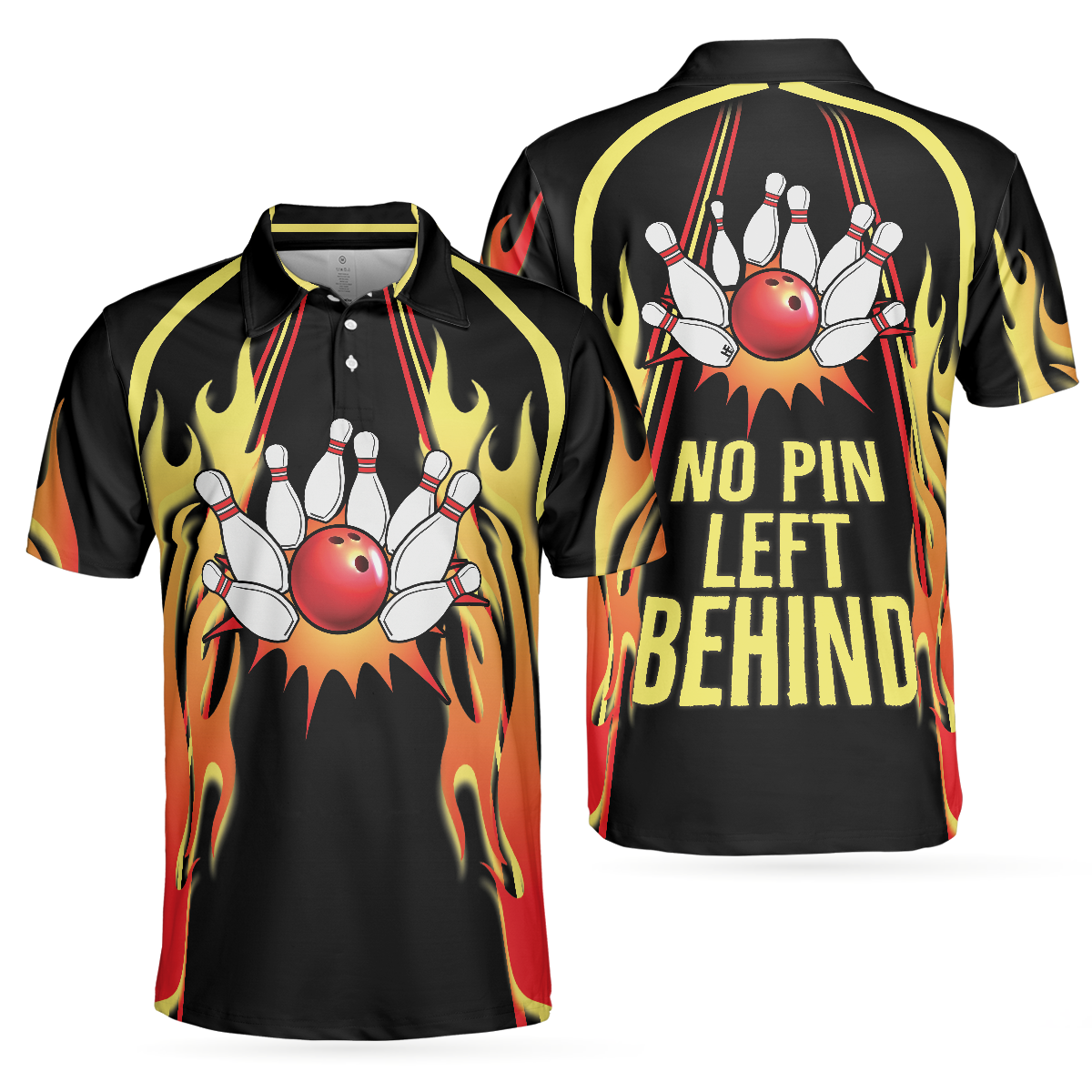 No Pin Left Behind Bowling Polo Shirt, Black Shirt With Flames, Polo Style Bowling Shirt For Men