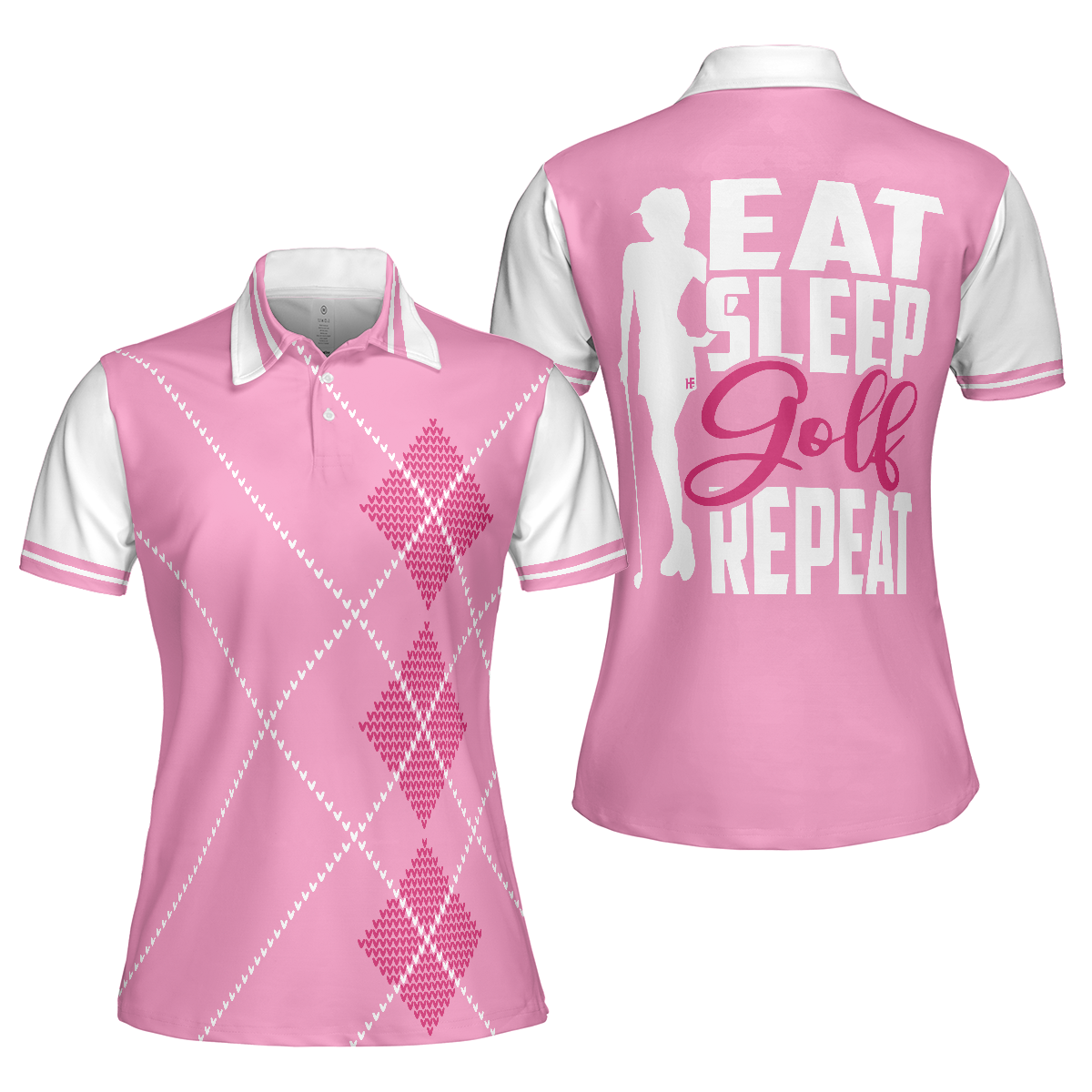 Eat Sleep Golf Repeat Golf Short Sleeve Women Polo Shirt, Pink Argyle Golf Shirt For Ladies