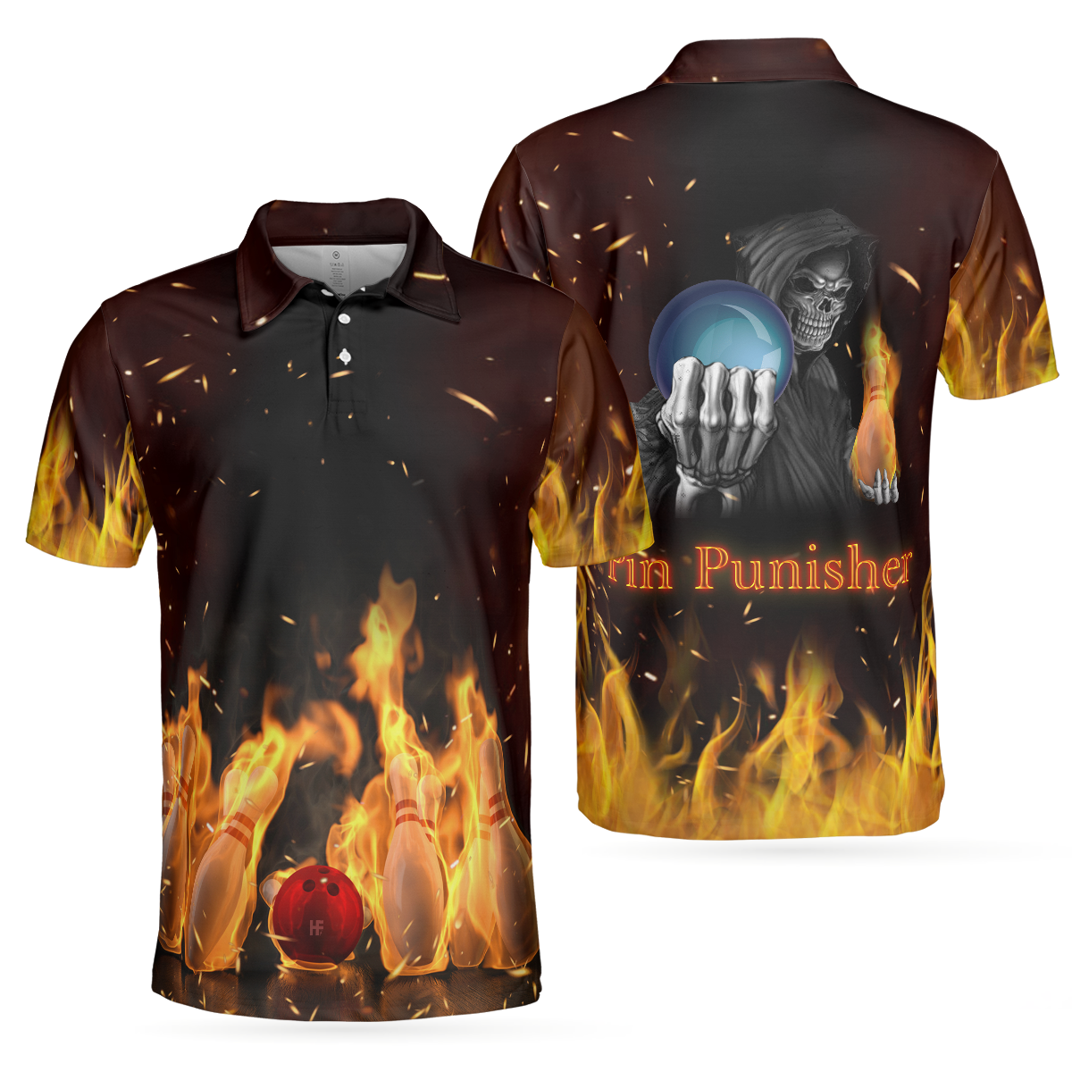 Pin Punisher Bowling Polo Shirt, Cool Flame Pattern Bowling Shirt Design For Male Bowlers, Best Bowling Shirt