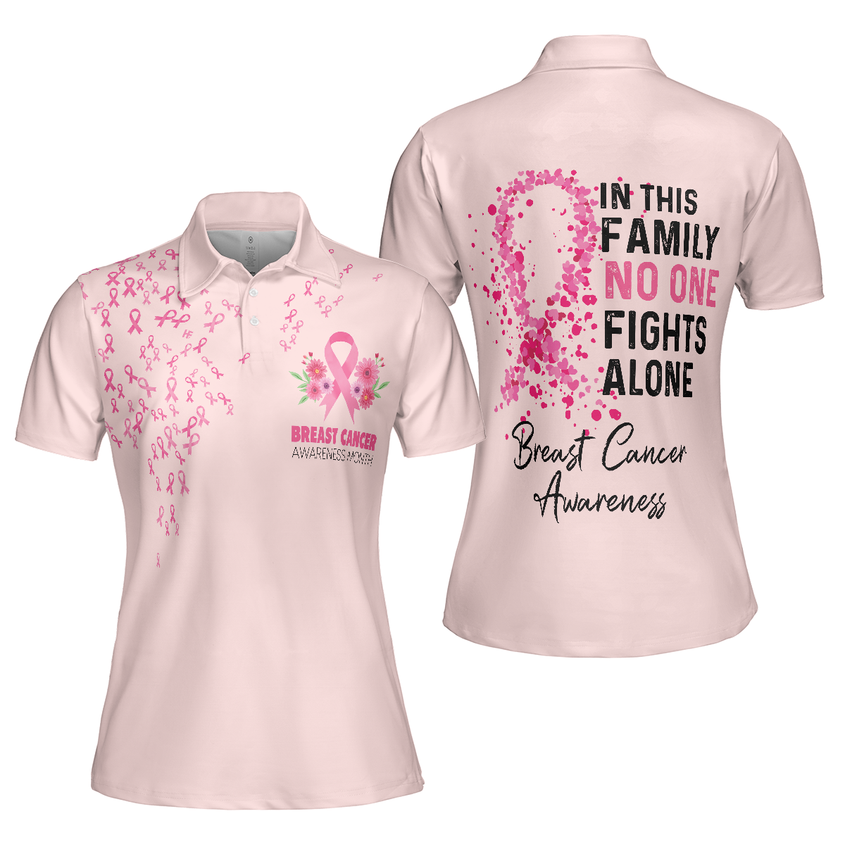 In This Family No One Fight Alone Breast Cancer Awareness Short Sleeve Women Polo Shirt