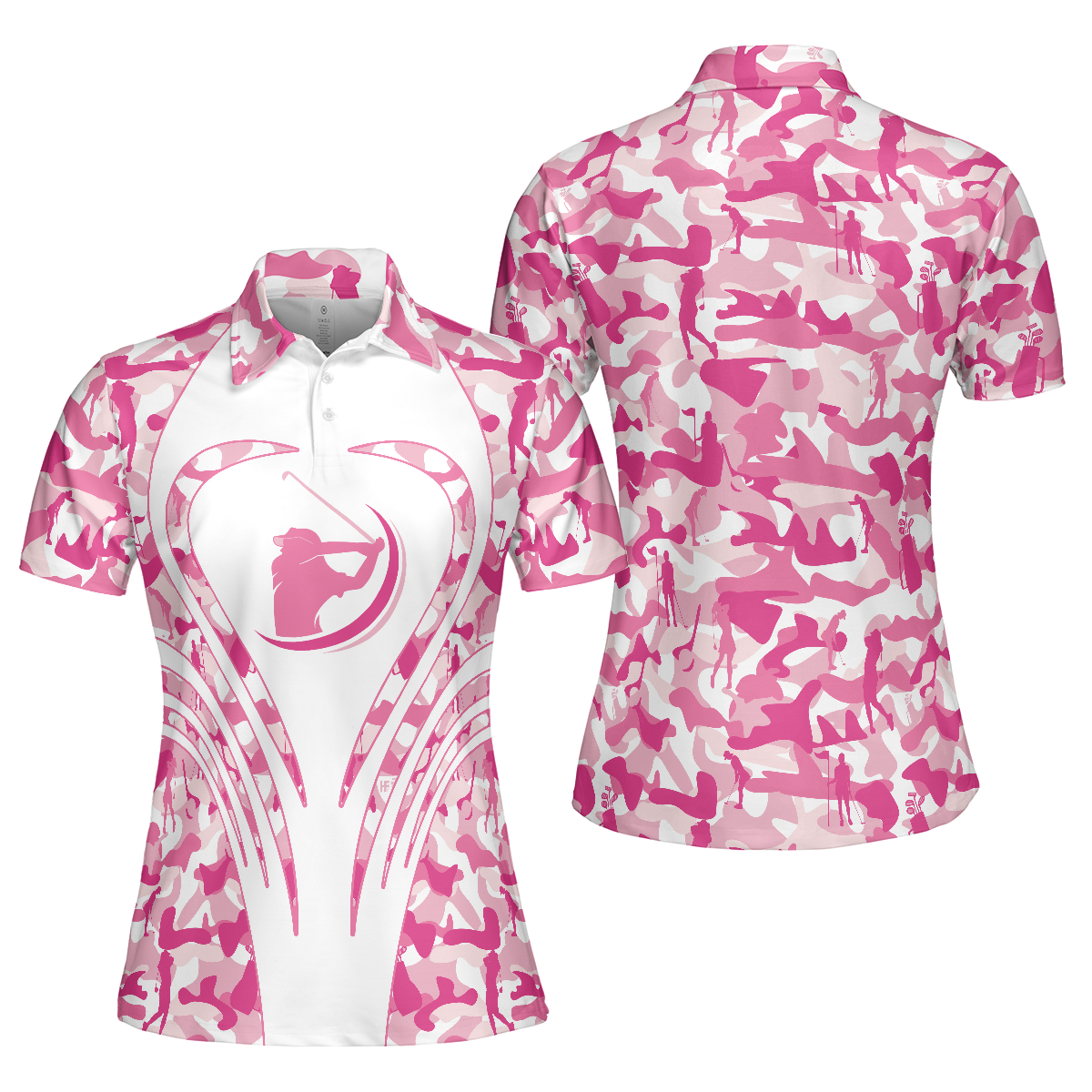 White Pink Camouflage Thinning Layout Golf Short Sleeve Women Polo Shirt, Best Golf Shirt For Female Golfers