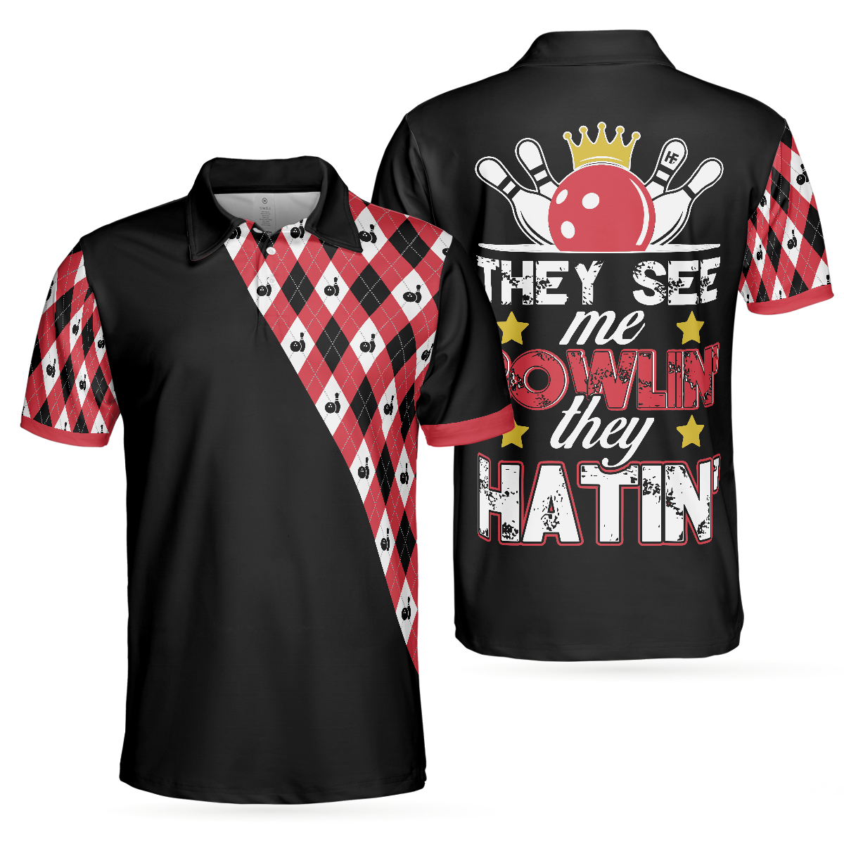 They See Me Bowlin' They Hatin' Polo Shirt, Bowling Plaid Pattern Shirt, Funny Polo Shirt With Sayings