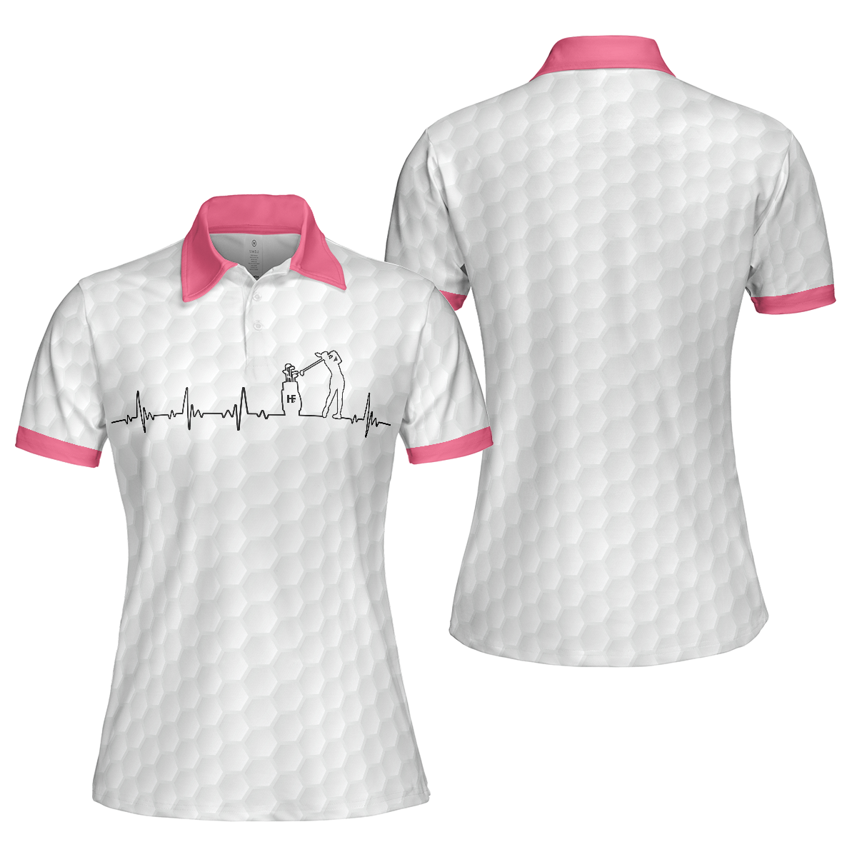 Heartbeat Golfer White And Pink Golf Short Sleeve Women Polo Shirt, Golf Shirt For Ladies