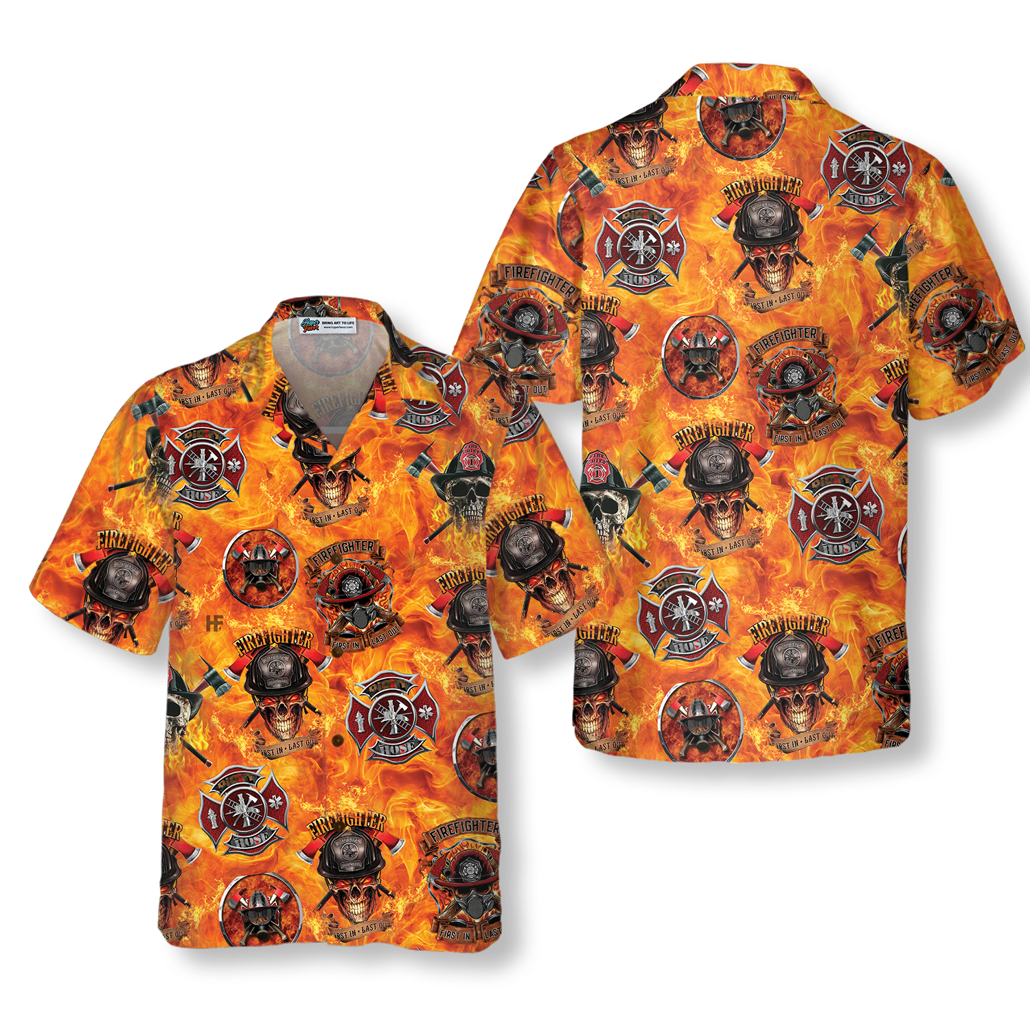 First In Last Out Firefighter Hawaiian Shirt, Viking Style Flame Skull Shield Firefighter Shirt For Men