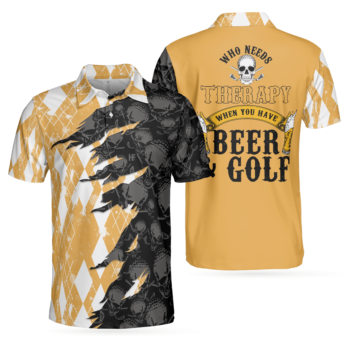 Who Needs Therapy When You Have Beer & Golf Polo Shirt, Argyle Pattern Golfing Shirt Design For Drinking Golfers