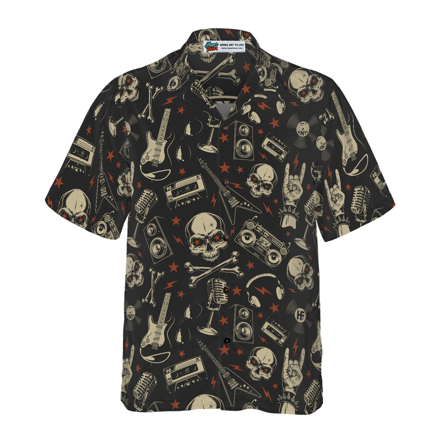 Rock N Roll Will Never Die Hawaiian Shirt, Electric Guitar Skull And Crossbones Hawaiian Shirt