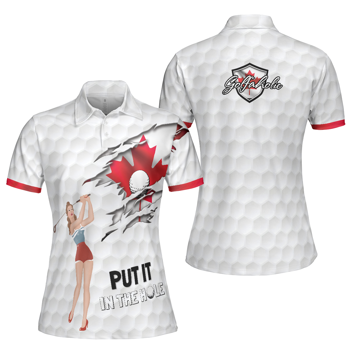 Golf Canada Flag Pin Up Girl Short Sleeve Women Polo Shirt, Canadian Golf Shirt For Ladies