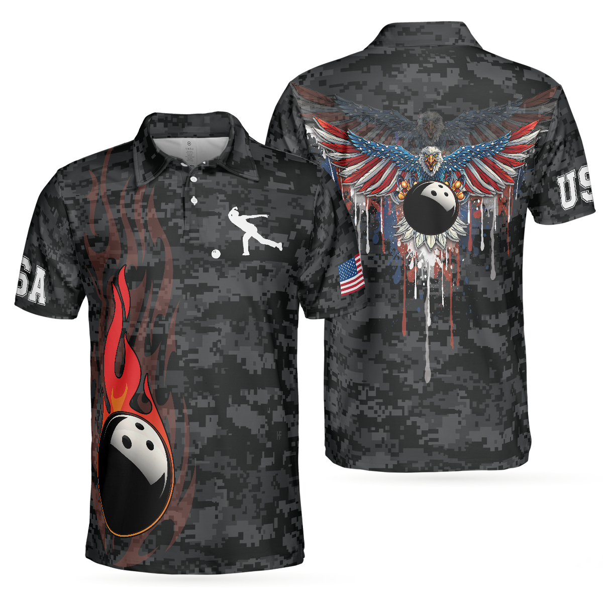 America Eagle Bowling Polo Shirt, Camouflage USA Flag Bowling Shirt For Men