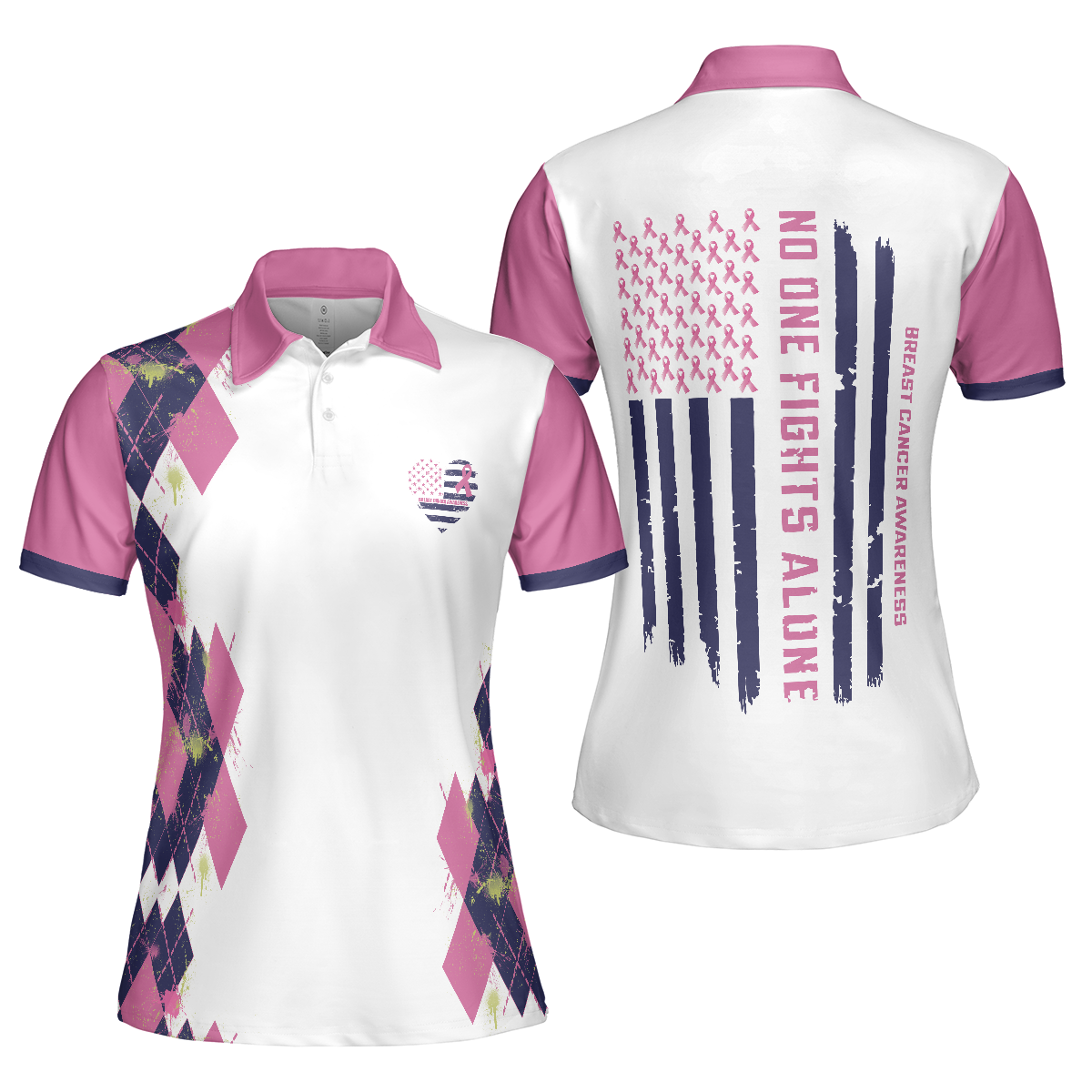 No One Fights Alone Breast Cancer Awareness Short Sleeve Women Polo Shirt, Breast Cancer Polo Shirt For Women