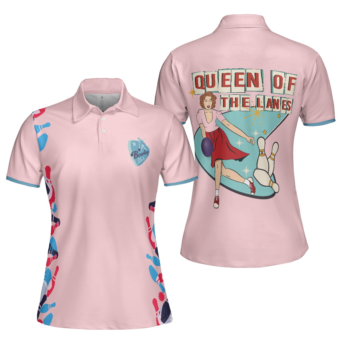 Queen Of The Lanes Bowling Short Sleeve Women Polo Shirt, Pink Ladies Bowling Shirt, Tenpin Bowling Shirt