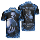 Bowling Murder Polo Shirt, Blue Flame Pattern Bowling Polo Shirt, Scary Skull Shirt Design For Halloween