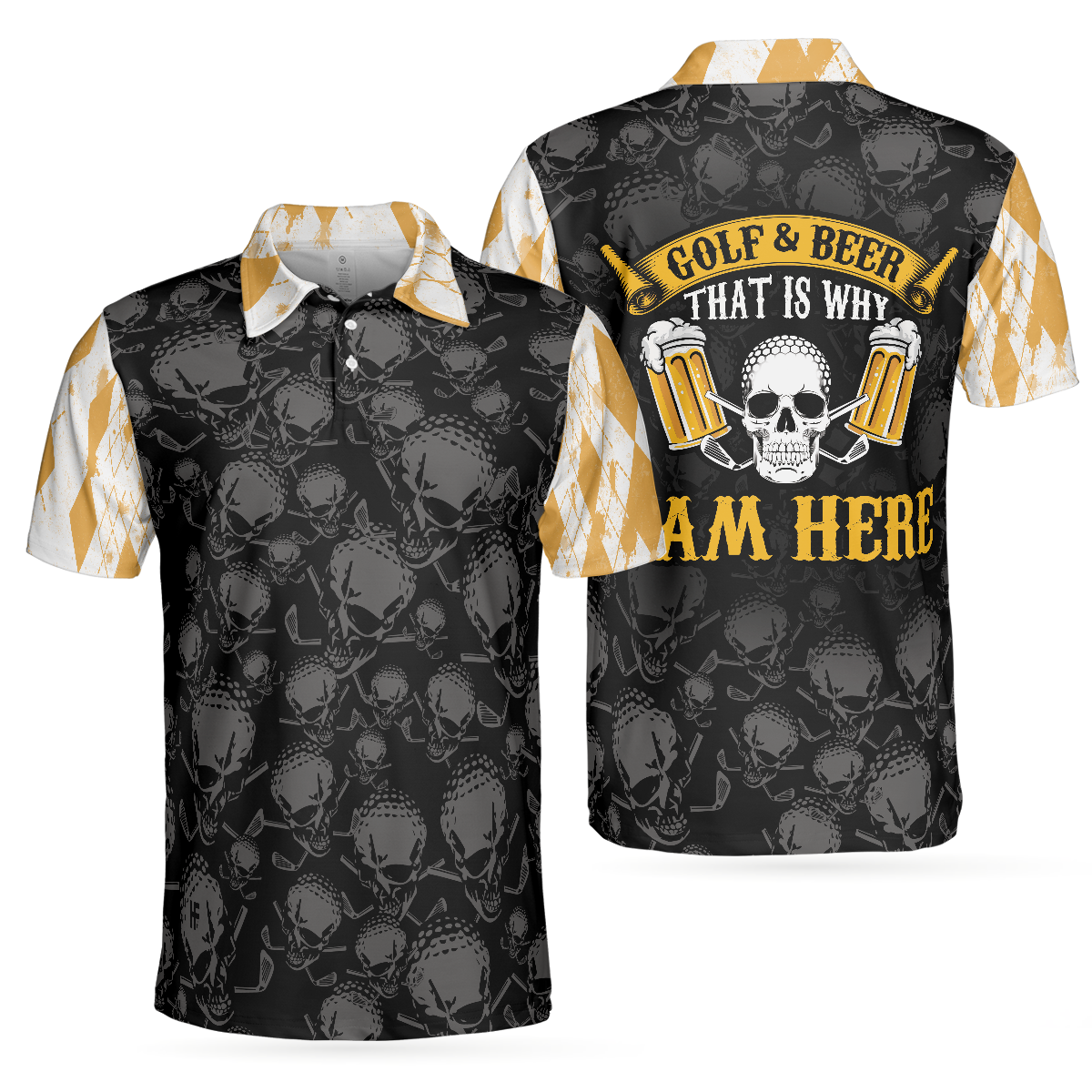Golf & Beer That Is Why I Am Here Skull V4 Polo Shirt, Cool Drinking Golf Shirt Design For Beer Lovers