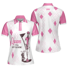 Queen Of The Golf Short Sleeve Women Polo Shirt, White And Pink Argyle Pattern Golf Shirt For Women