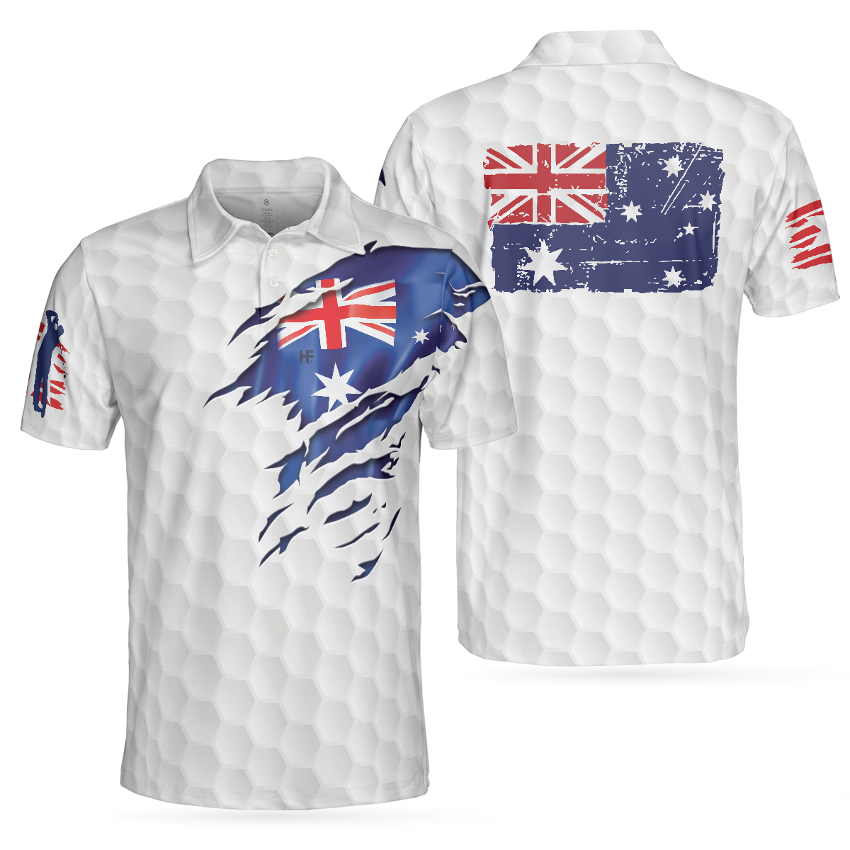 Golf Australian Flag Polo Shirt, White Golf Pattern Polo Shirt, Best Australian Golf Shirt For Men