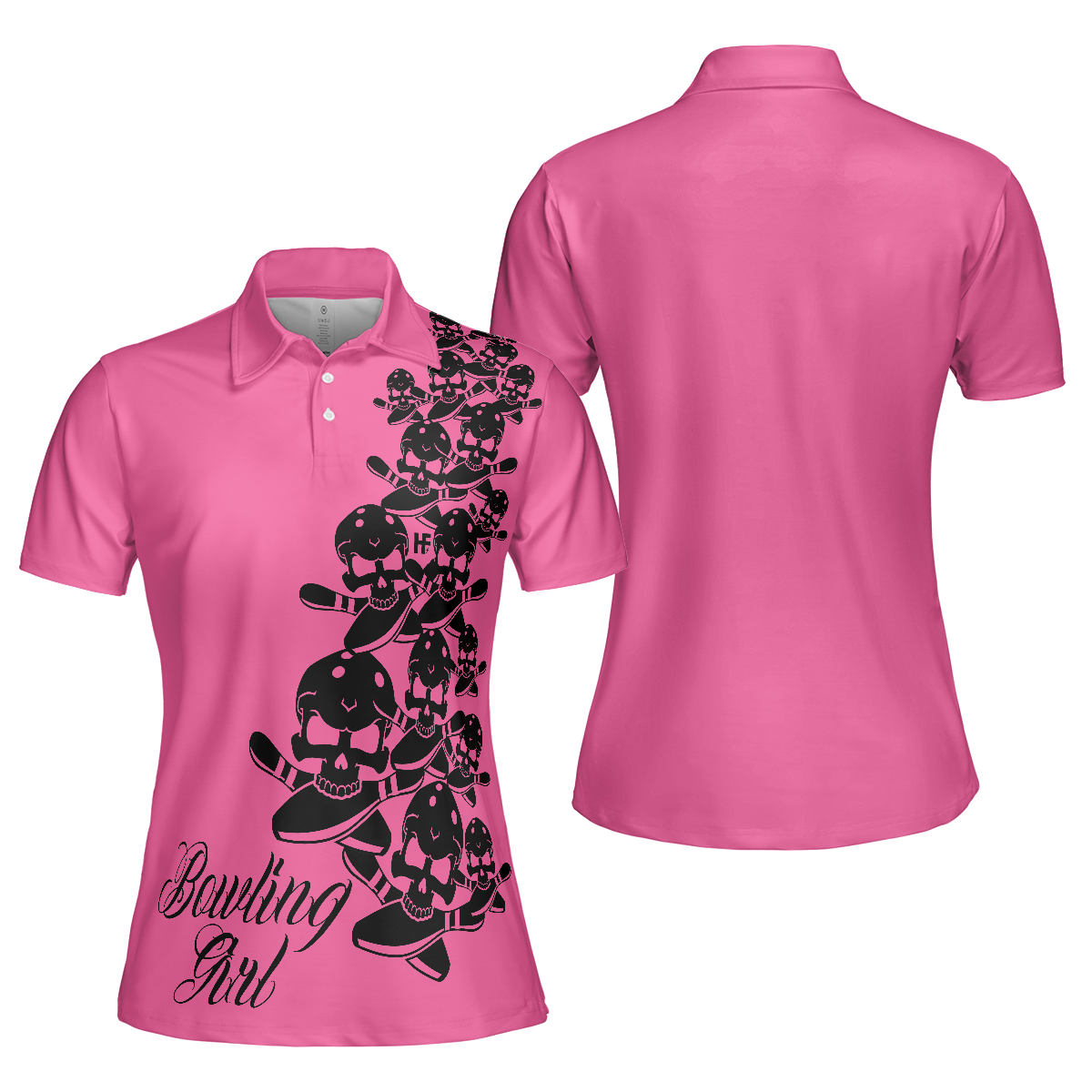 Bowling Girl Skull Short Sleeve Women Polo Shirt, Pink Skull Pattern Bowling Shirt For Female Players