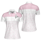 Pink Bowling Balls And Pins Pattern Bowling Short Sleeve Women Polo Shirt, White Bowling Polo Shirt For Ladies