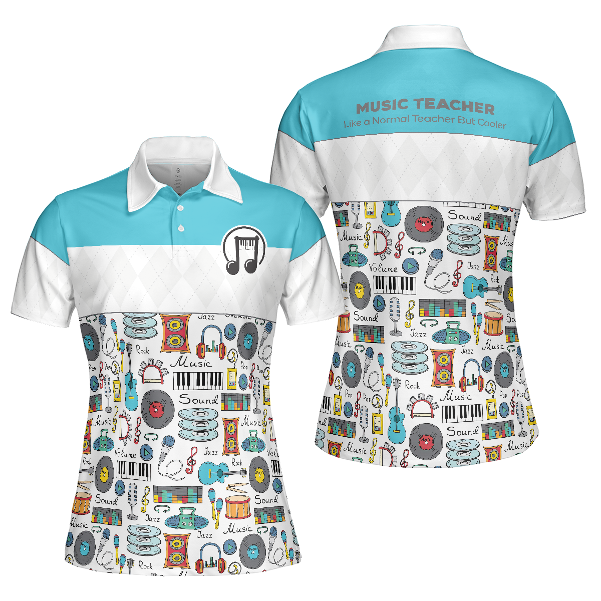 Music Teacher Short Sleeve Women Polo Shirt, White And Blue Music Pattern Shirt For Women, Gift For Music Teachers