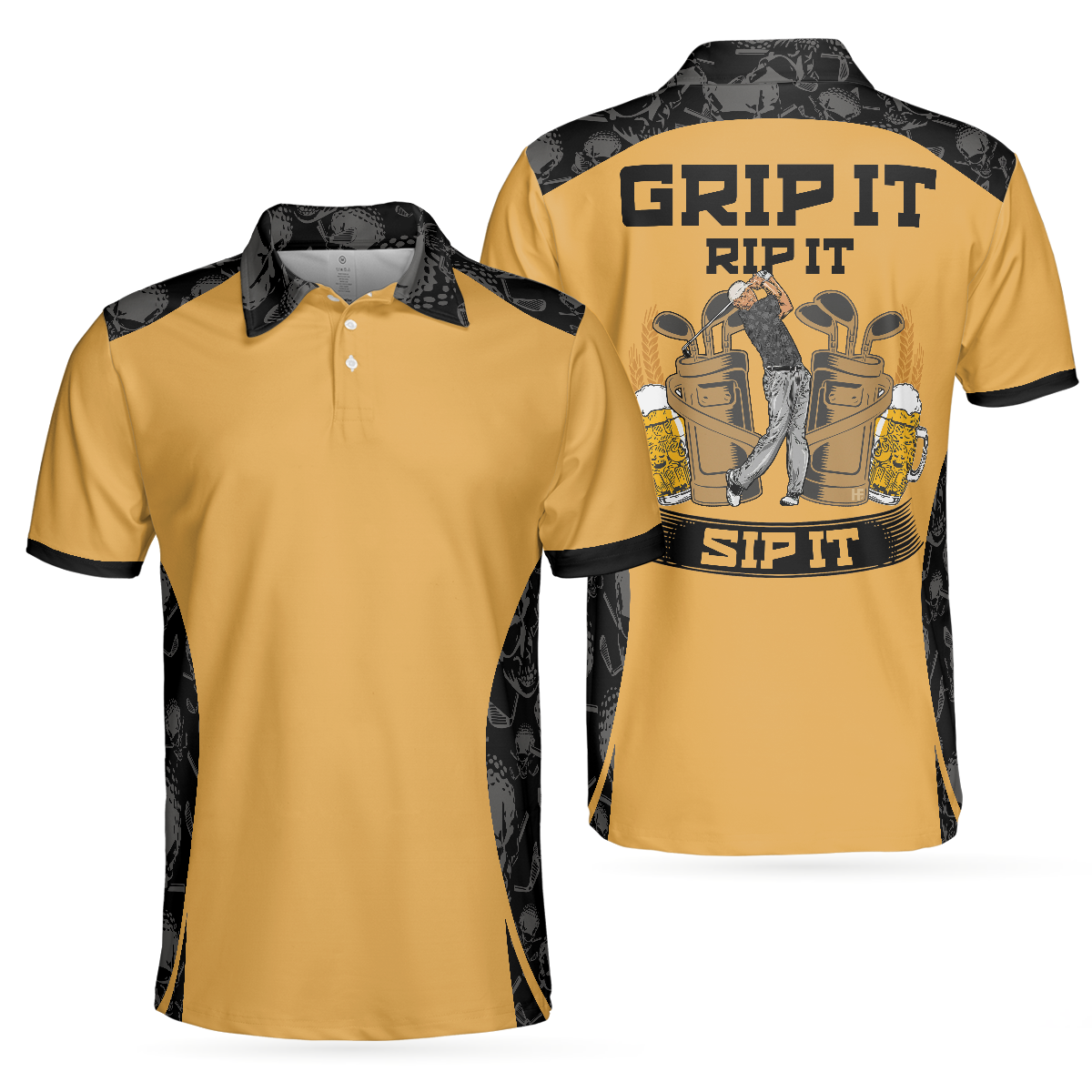 Grip It Rip It Sip It Golf Polo Shirt, Skull Pattern Shirt For Halloween, Scary Gift Idea For Golfers