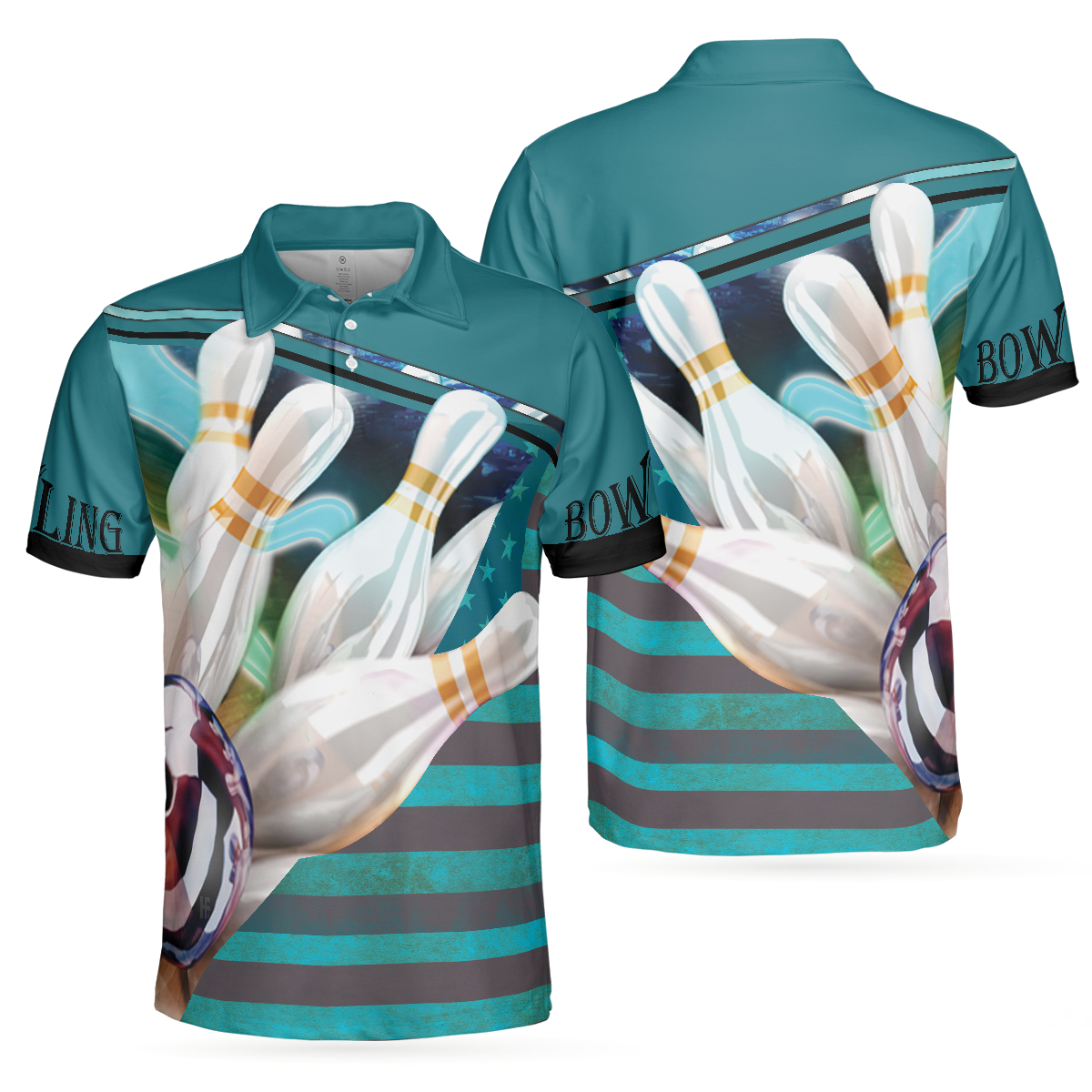 Love Bowling Polo Shirt, Blue American Flag Bowling Shirt For Men
