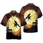 Halloween Night Flying Witch Over A Castle Hawaiian Shirt, Full Moon Pumpkin Graveyard Zombie Hawaiian Shirt For Men
