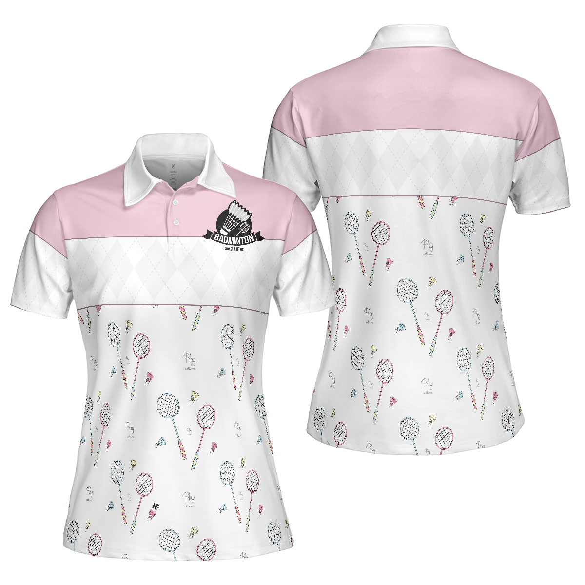 Play With Me Badminton Short Sleeve Women Polo Shirt, White And Pink Badminton Shirt For Women