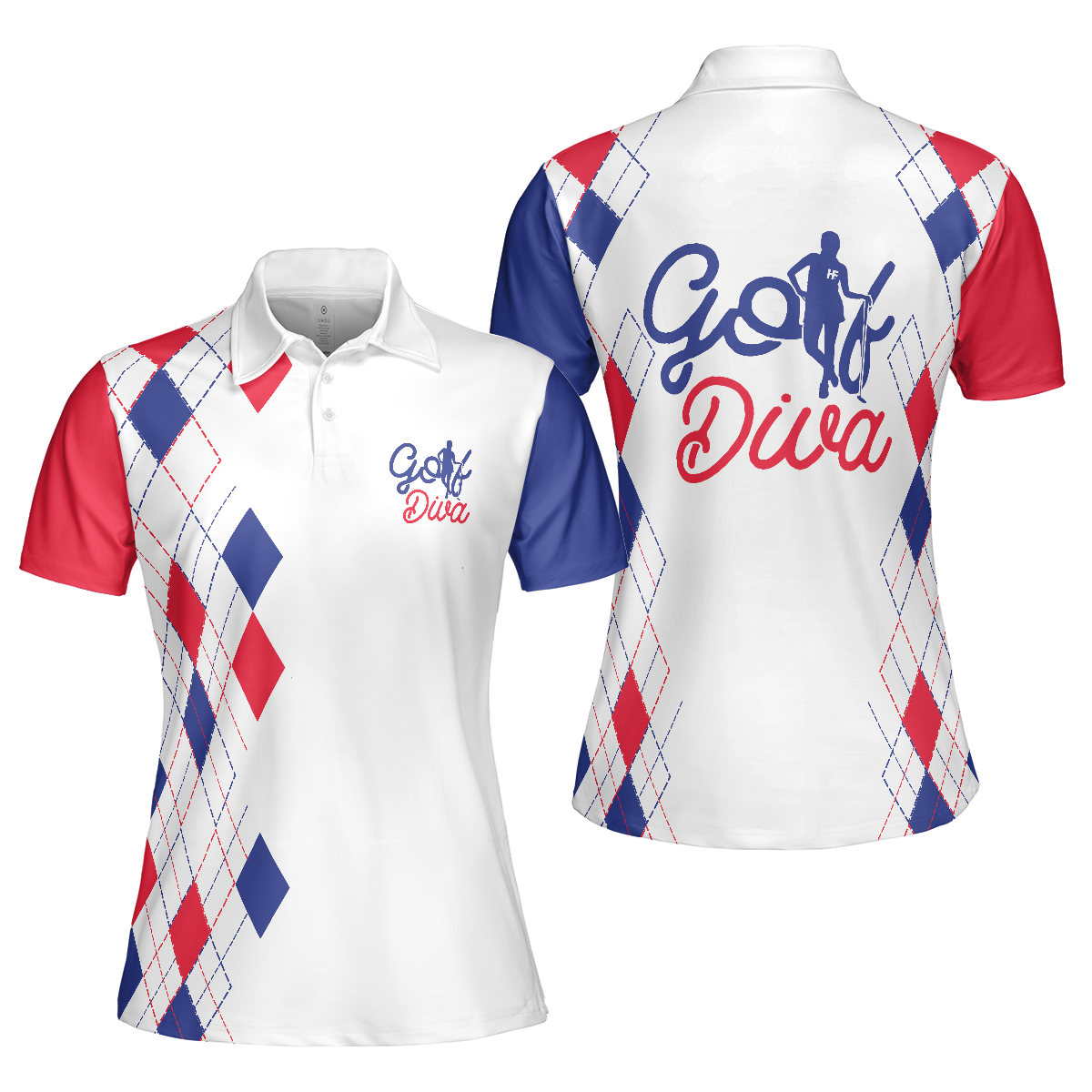 Golf Diva V2 Short Sleeve Women Polo Shirt, Red And Blue Argyle Pattern Golf Shirt For Golf Ladies