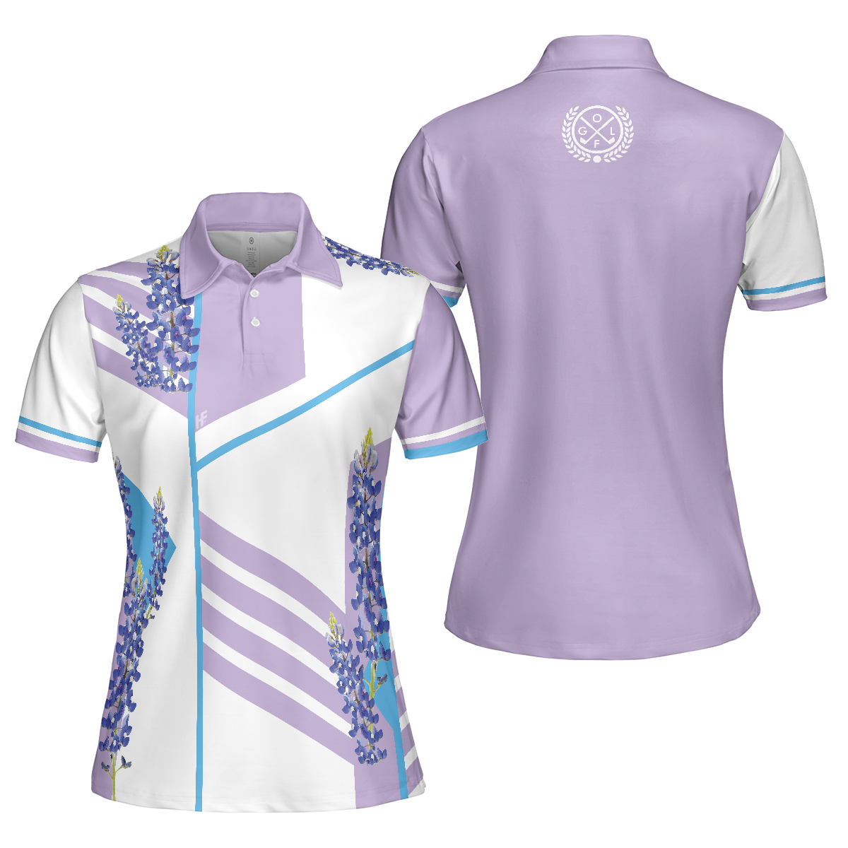 Bluebonnet With Purple Stripe Golf Short Sleeve Women Polo Shirt, White And Purple Texas Golf Shirt For Ladies