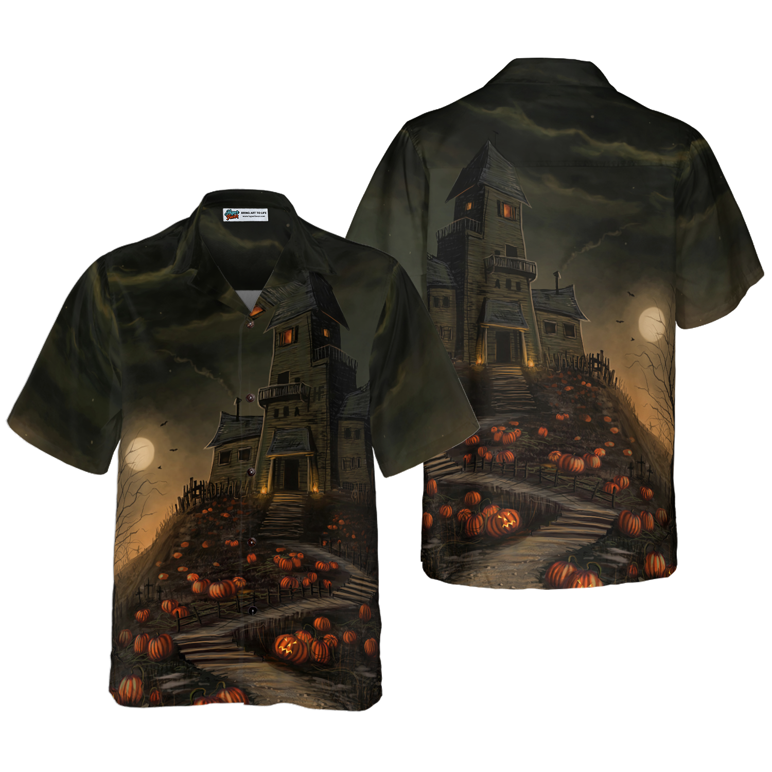 Halloween Haunted House On The Hill With Pumpkin Hawaiian Shirt, Full Moon Haunted Jack-o'-lantern Hawaiian Shirt For Men