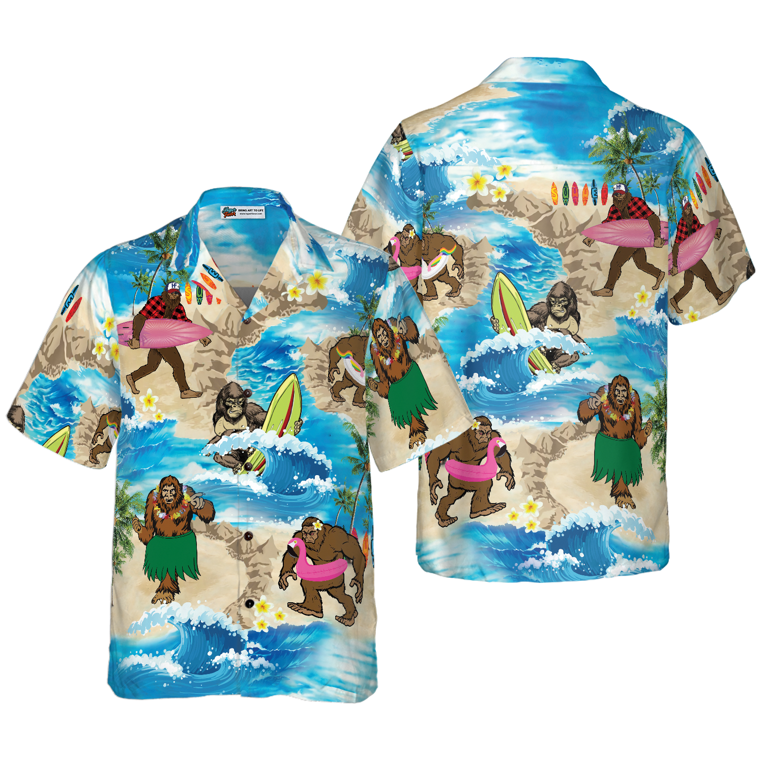 Bigfoots Are On Summer Vacation Bigfoot Hawaiian Shirt, Tropical Aloha Wave Surfing Bigfoot Shirt For Men