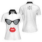 Sunglasses And Sexy Red Lips Golf Short Sleeve Women Polo Shirt, Unique White Golf Shirt For Ladies