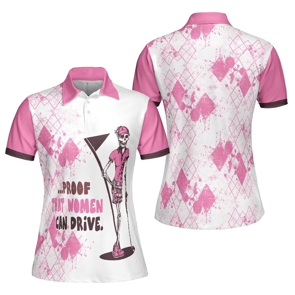 Ladies Mrs. Bones Golf Pink Argyle Short Sleeve Women Polo Shirt, Proof That Women Can Drive White And Pink Golf Shirt For Ladies