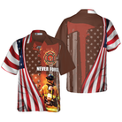 Never Forget Retired Firefighter American Flag Hawaiian Shirt, Red Axe And Logo Proud Firefighter Shirt For Men