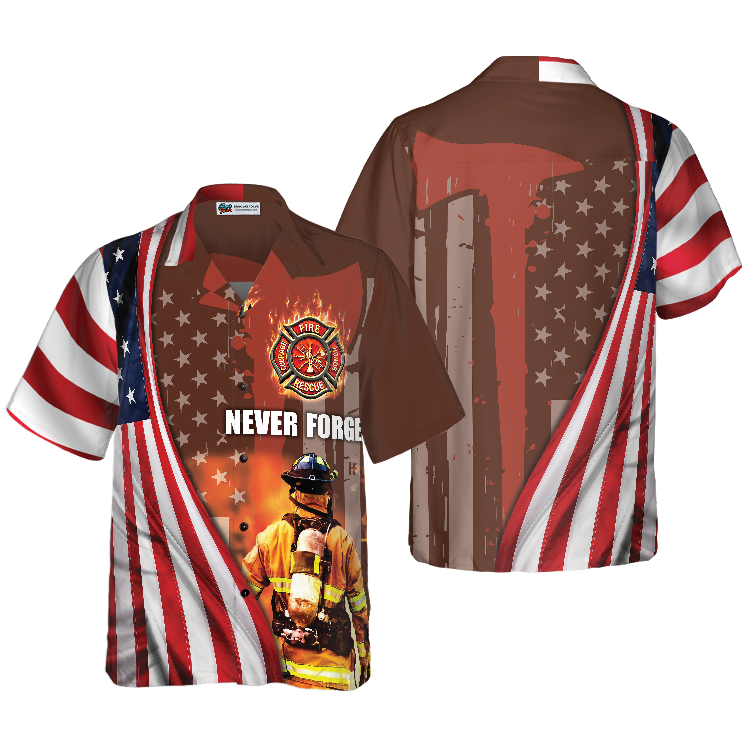 Never Forget Retired Firefighter American Flag Hawaiian Shirt, Red Axe And Logo Proud Firefighter Shirt For Men